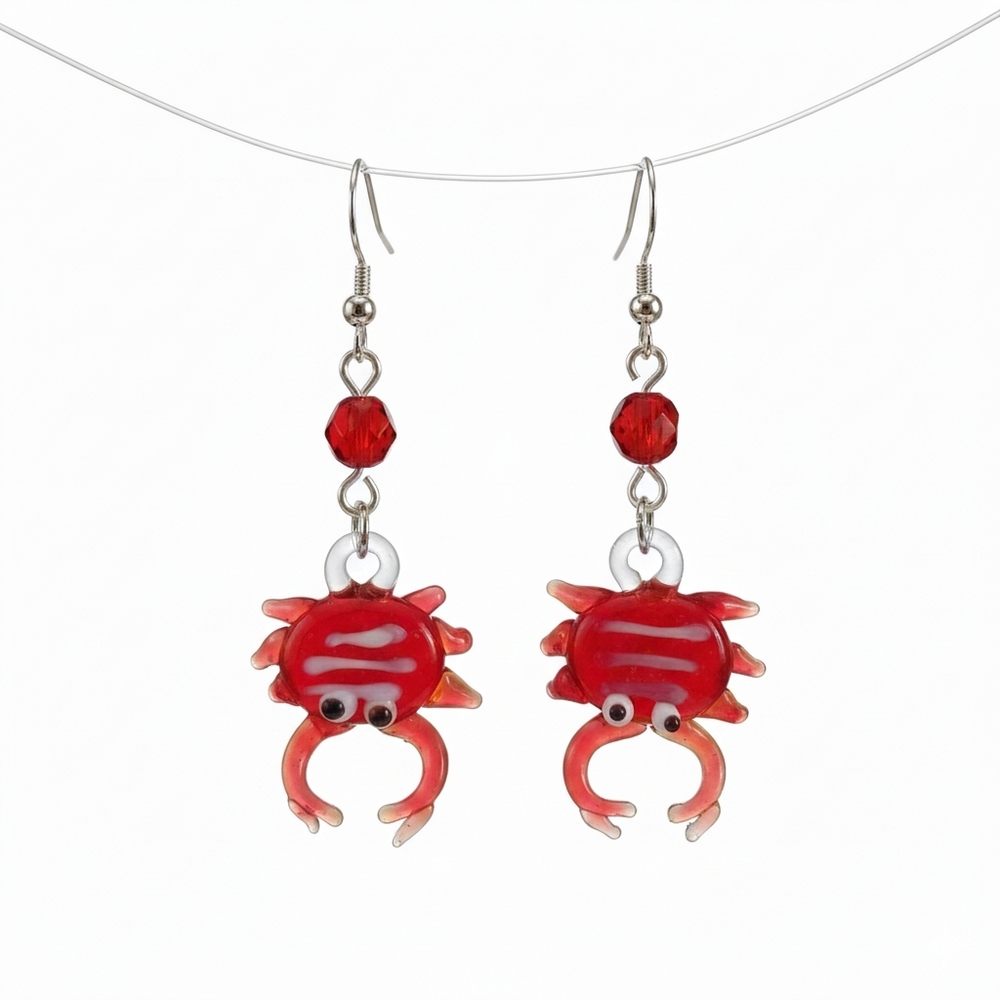 Glass Crab Earrings Handmade Artisan Glass Red White Lampwork Summer Beach